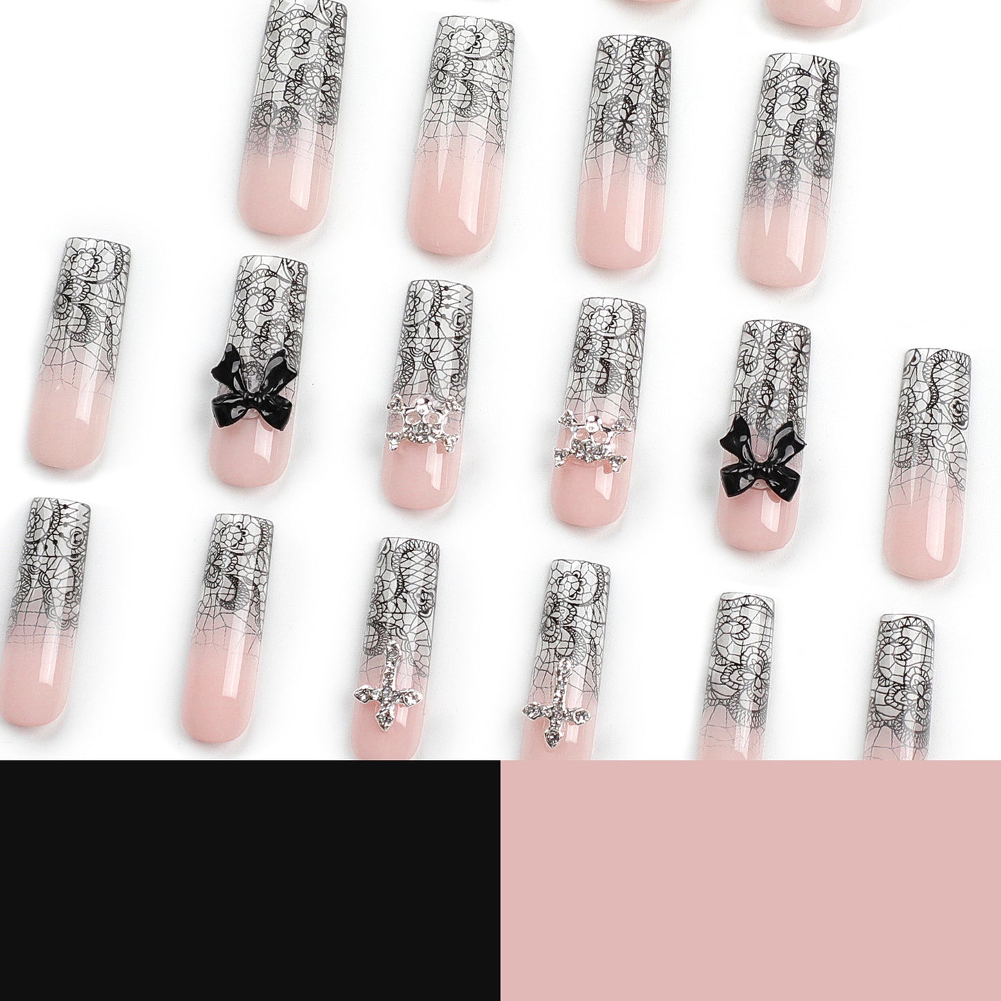 New Black Bow Ice Transparent Wear Nail Sweet Cool Flash Diamond Cross Nail Art Long Ladder Sand Pattern Removable Nail Tip