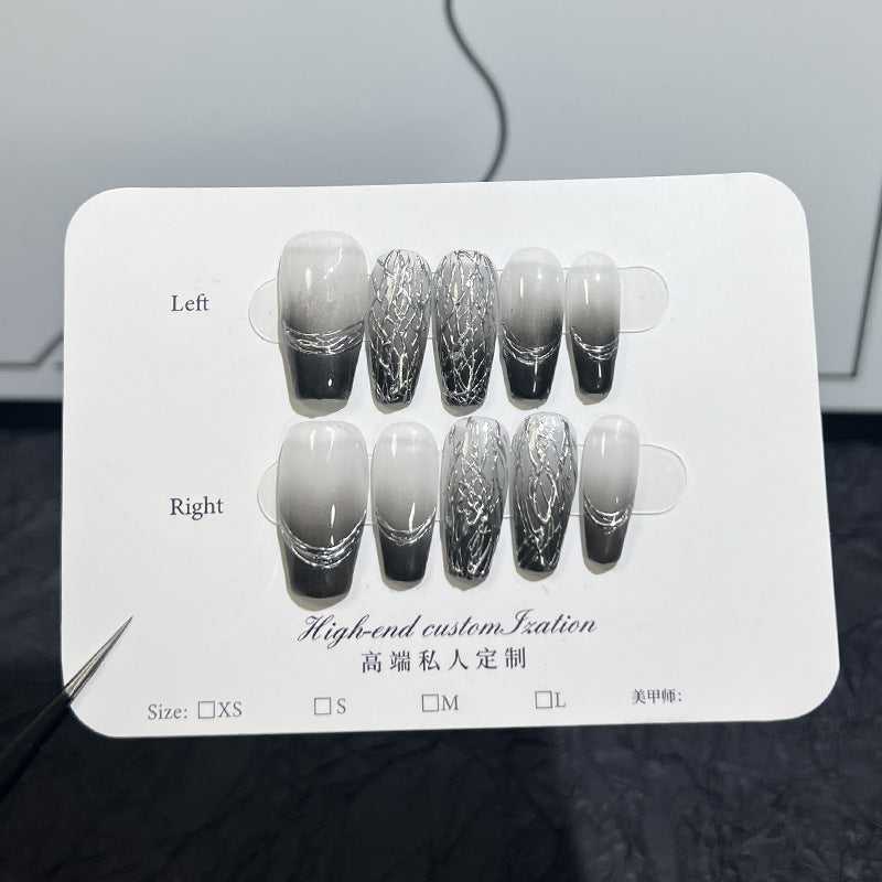 Handmade Wear Nail Sweet Cool Black Gradient Magic Mirror Effect Powder High Cold Light Luxury Nail Stickers European and American Style Fake Nails Wholesale