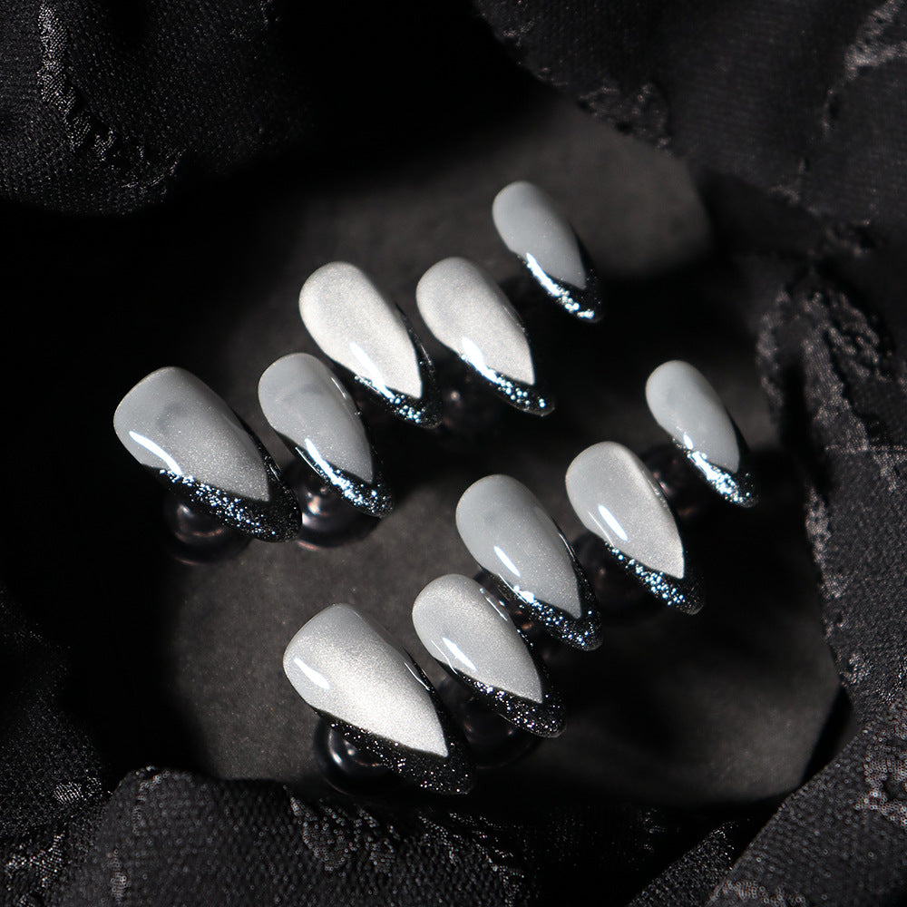 Black Swan Noble Fingertip French Almond Hand-Wear Nail Cat Eye Thin and Glittering Texture Nail Art Fake Nail Tip