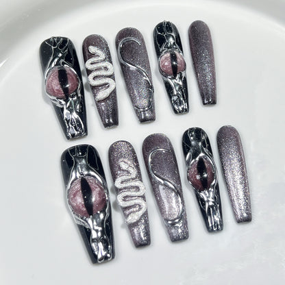 【Dyed Nail】Handmade Wear Nail Medusa Eye Broken Glitter Pink Creative Personality Hot Girl Thin Dog Manicure