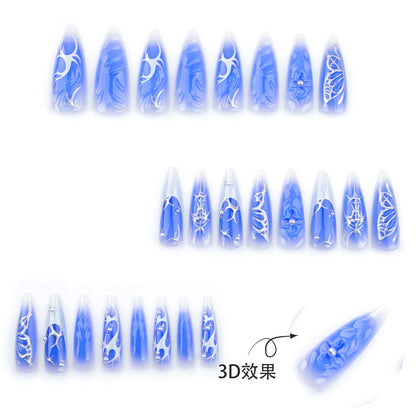 Blue Manicure French White Fake Nails Hot Silver Butterfly Wearable Nail Tip3D Flower Pearl Nails Patch