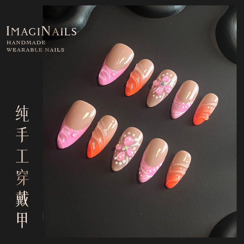 Hot Selling in Europe and America~3D Three-Dimensional Carved Almond Nail Pure Hand-Worn Nail Piece