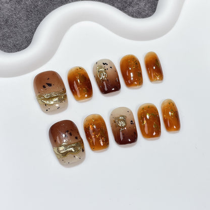 Maillard Style Short Nail Art Amber Blooming Spray Gun Gradient Handmade Wear Nail Wholesale Wearable Nail Sticker