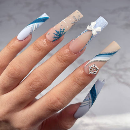 Europe and America Cross Border Christmas Wear Nail Snowflake Three-Dimensional Bow Manicure Fake Nails French Rectangle Nail Tip Wholesale