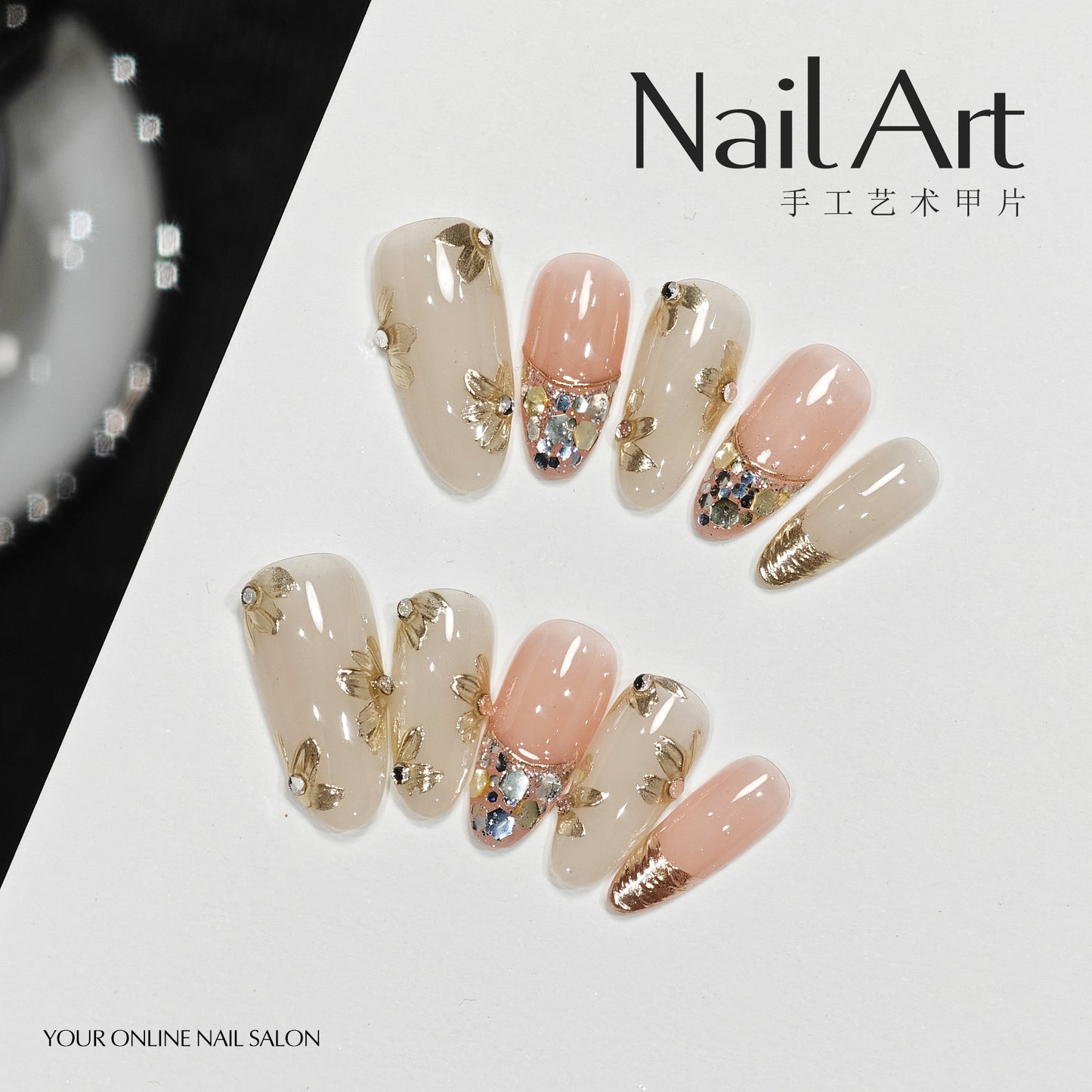 Handmade Wear Armor High-Grade Autumn and Winter Champagne Gilding Small Flower Handmade Nail Stickers Fake Nail Tip Wholesale