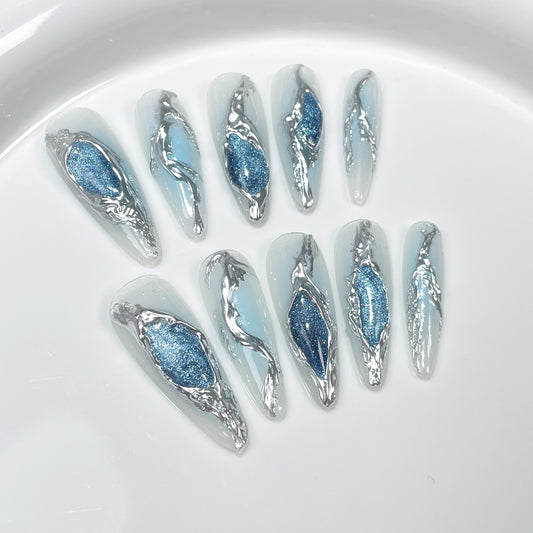 European and American Hot Girl Hand-Wear Armor Ocean Blue Cat Eye Metal Liquid Mid-Length Nail Stickers Long Tip Fake Nails