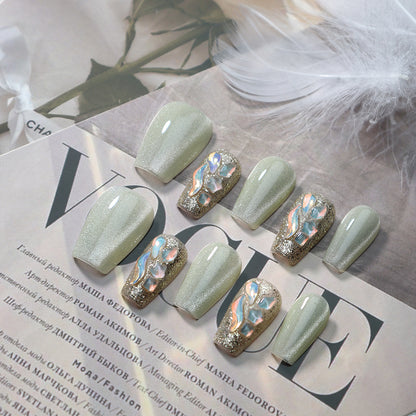 Summer Nail Jelly Green Cat Eye Color Jumping Handmade Wear Nail Jasmine Green Phototherapy Nail Stickers Finished Product Wholesale