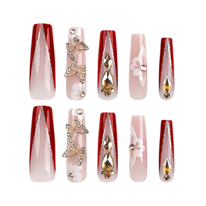 Ultra-Long Square Wear Armor Gold Three-Dimensional Butterfly Rhinestone Manicure Red French Removable Fake Nails Nail Tip