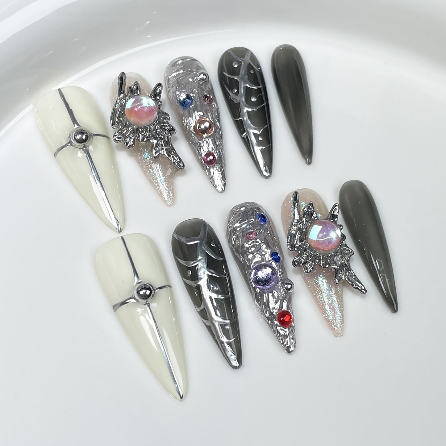 European and American Hot Girl Long Tip Nail Stickers Hand-Painted Metal Shape Hand-Worn Nail Wearable Nail Sticker Wholesale