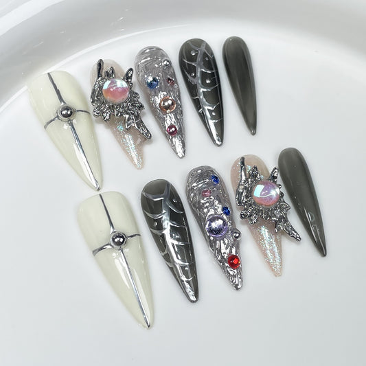 European and American Hot Girl Long Tip Nail Stickers Hand-Painted Metal Shape Hand-Worn Nail Wearable Nail Sticker Wholesale