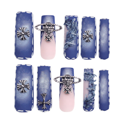 Ripped Denim Blue Wear Nail Cross Tassel Manicure French Super Long Removable Nail Tip Finished Product Wholesale