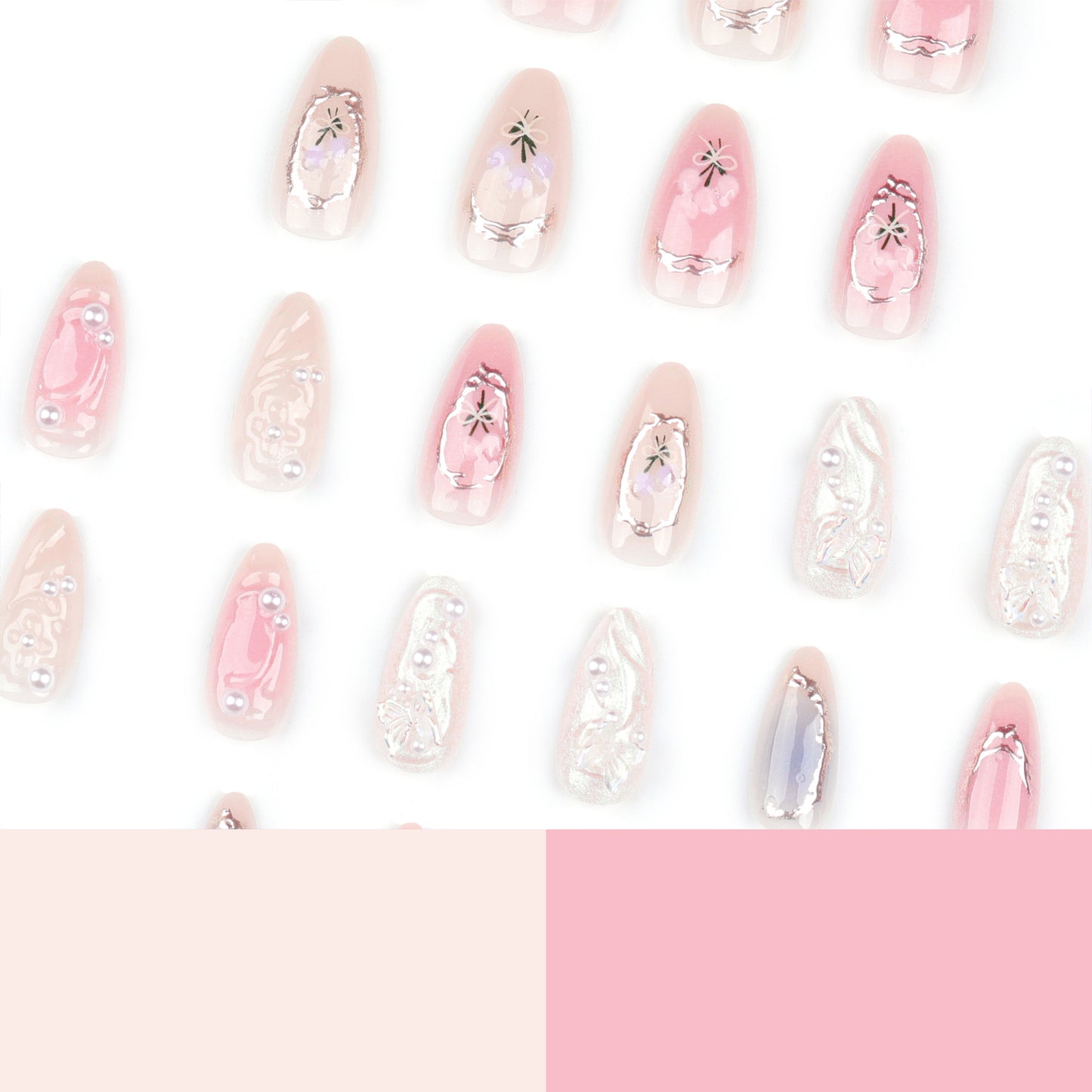 Spot Drill Aurora Butterfly Wear Nail Fresh Blush Blooming Nail Tips Pearl Bow Fake Nails Wholesale