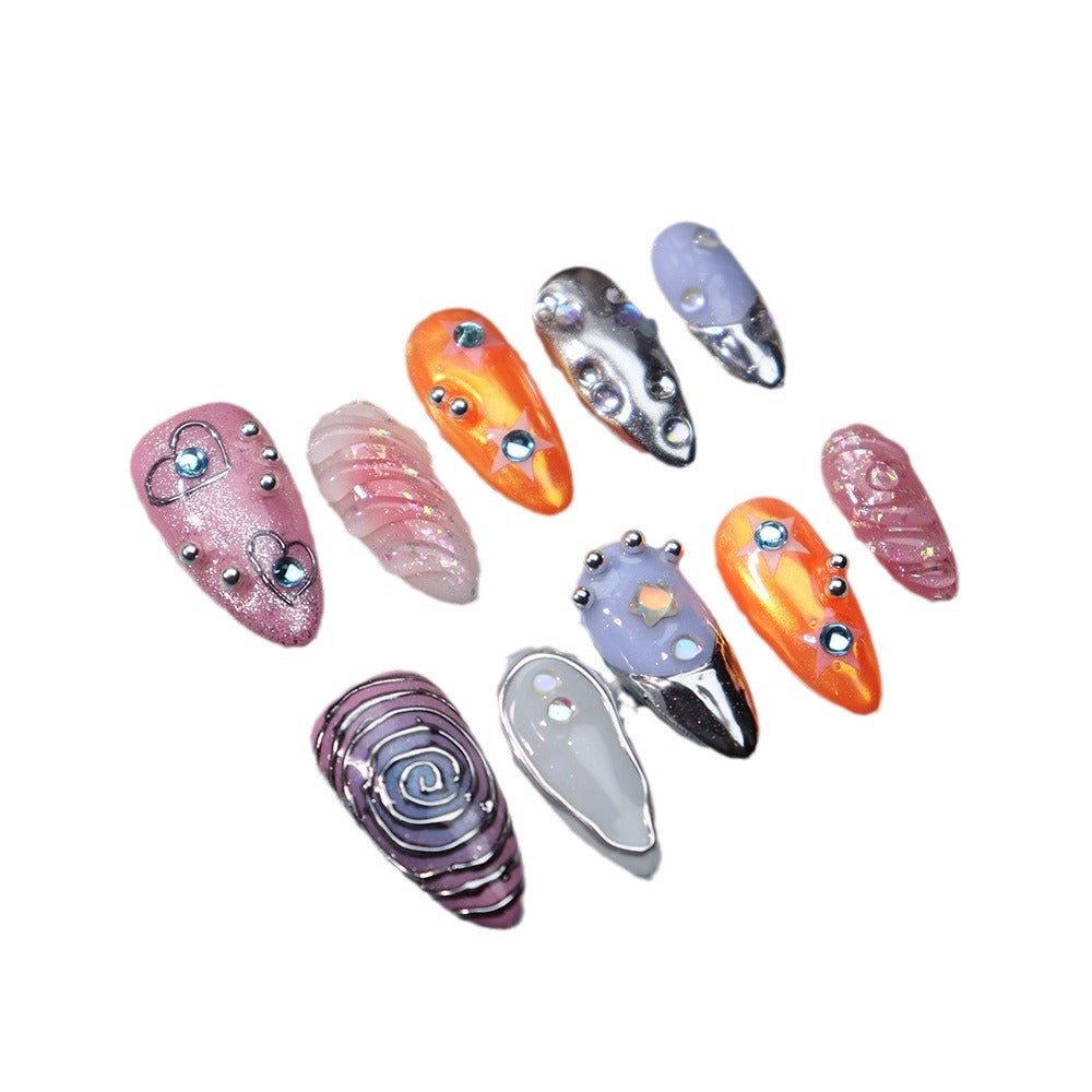 New Wear Nail Long Nail Tip Finished Product Summer Technology Sense Three-Dimensional Flash Vortex Gem Metallic Fake Nail Stickers