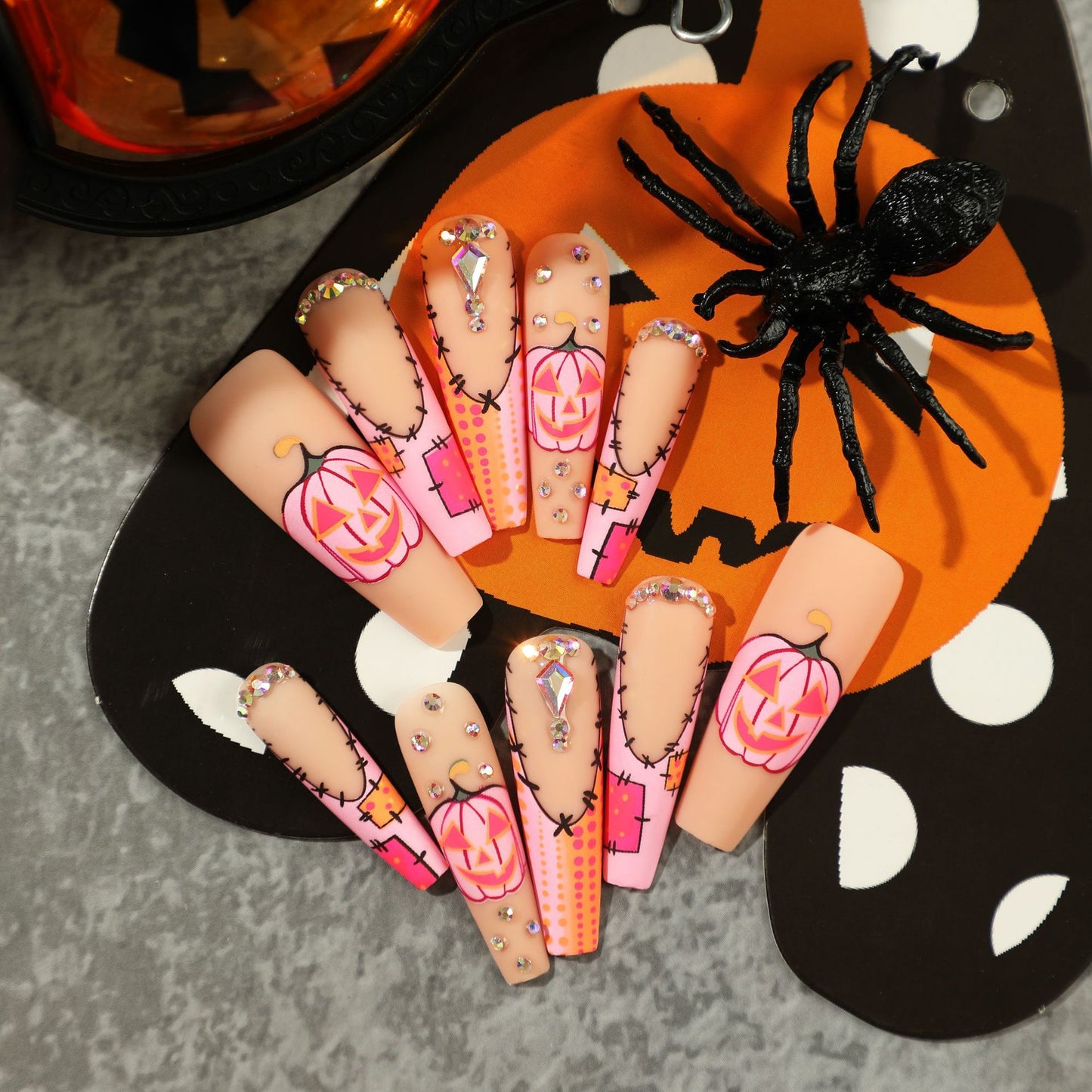 Wearing Nail Wholesale Halloween Frosted Nail Pink French Pumpkin Rhinestone Polka Dot Nail Sticker Finished Nail Beauty