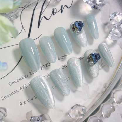 Sea Salt Ice Blue Medium Oval Crystal Cat's Eye Hand-Worn Nail baby Blue Gradient Rhinestone Wearable Nail Stickers