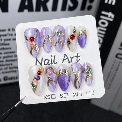 Handmade Wear Nail Dream Purple Baroque High Luxury Finished Nail Beauty Patch Watercolor Blooming Almond Nail