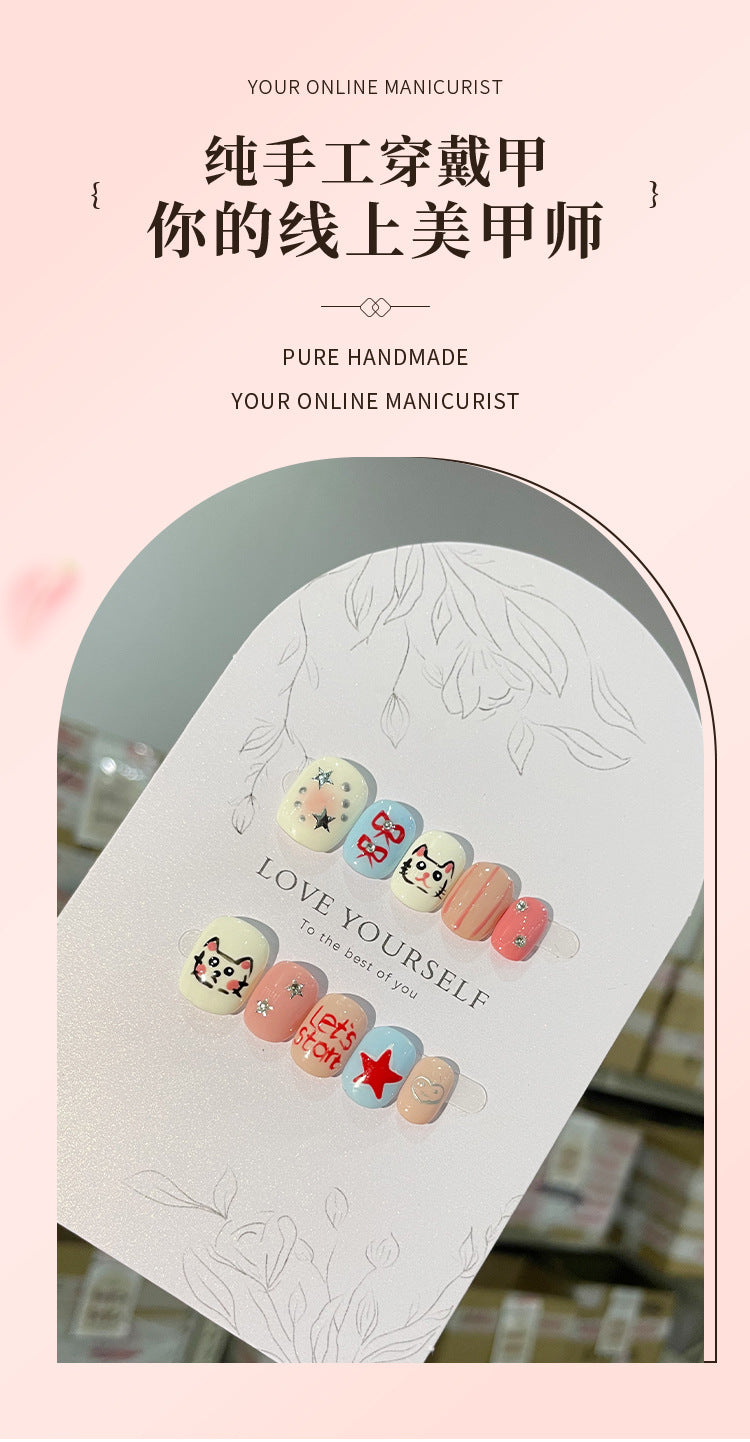 Handmade Wear Nail Cute Hand Painted Hello Kitty Short round Bean Nail Girl Cartoon Hand Painted kitty Nail stickers