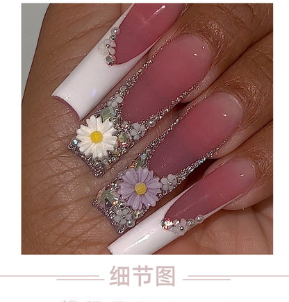 French Style White Edge Wear Nail Blush Glitter Flower Nail Art Ultra Long Pearl Fake Nails White Romantic Nail Tip