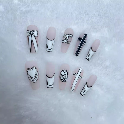 Handmade Wear Nail New Arrival Classic Nude Hand-Painted Two-Dimensional Classic Style High Class Elegant Long Manicure