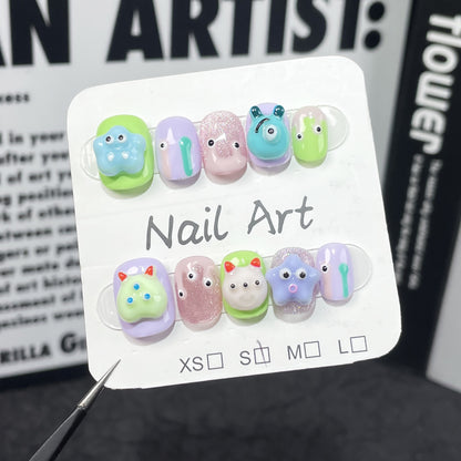 Cartoon Hand-Painted Hand-Worn Armor Cute Three-Dimensional Big Eye Cat Eye Short Nail Stickers Wearable Nail Sticker