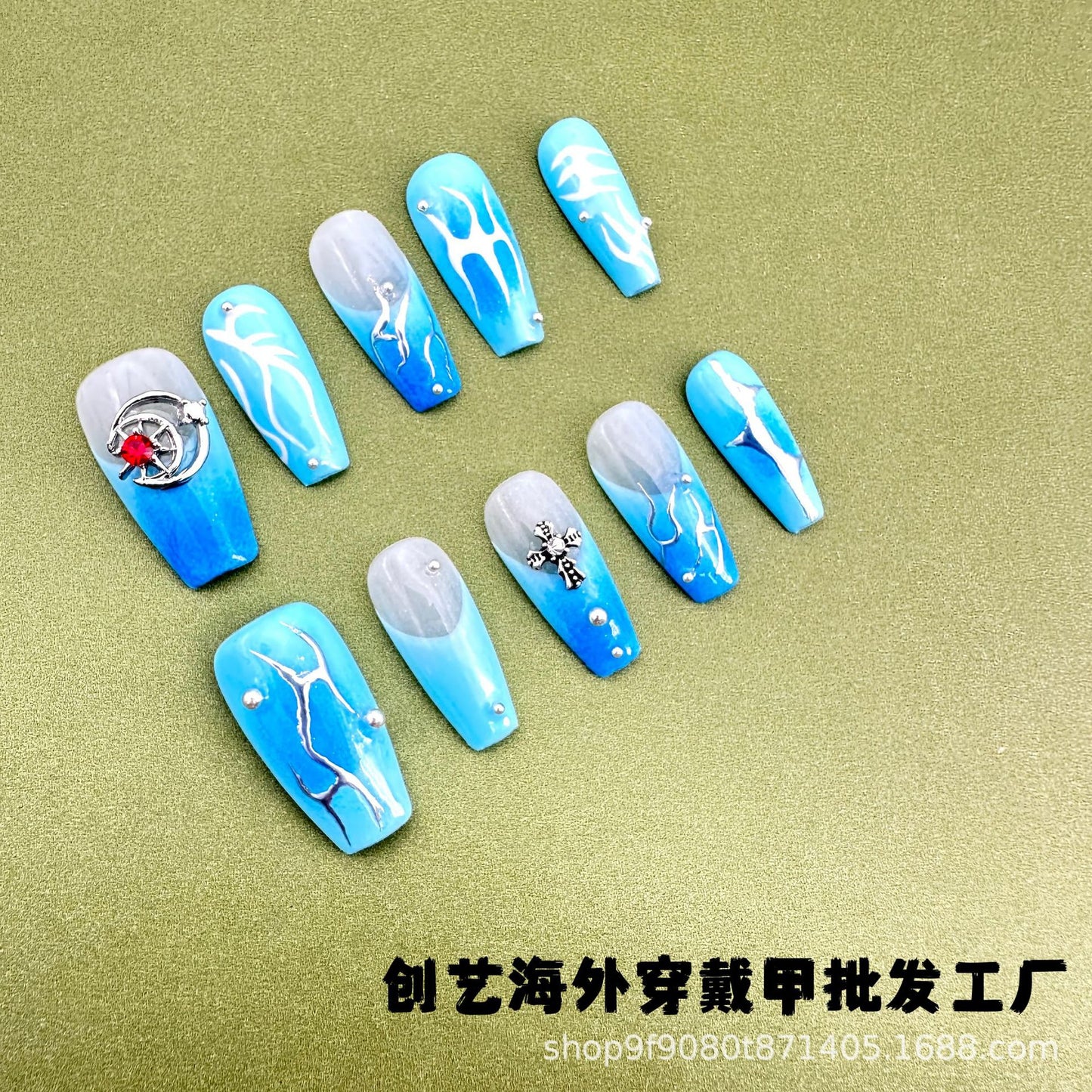 Blue Hand-Painted Flame Style European and American Short and Medium Style Cross-Border Factory Straight Hair Handmade Wear Armor Nail Stickers