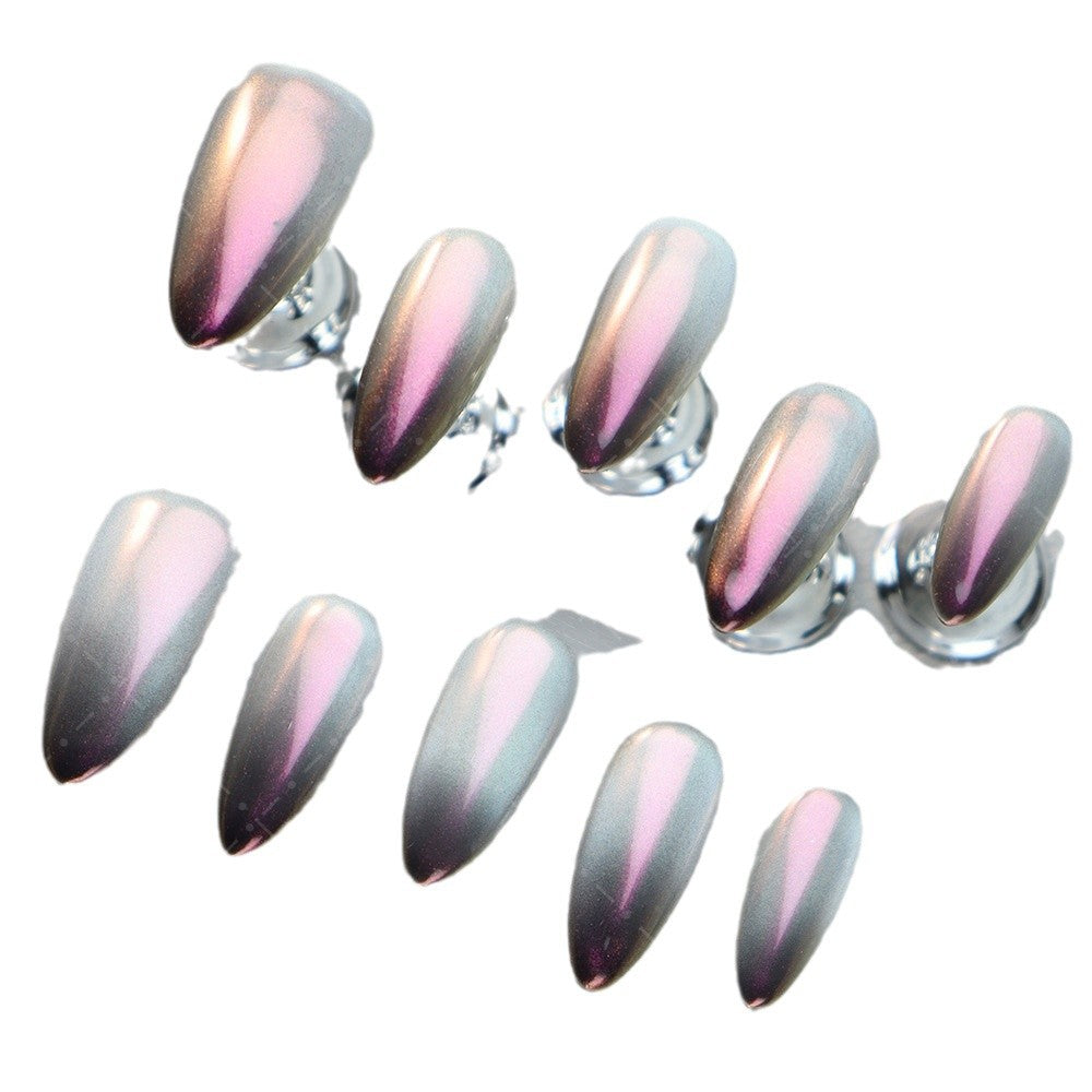 New Almond Style Nail Stickers European and American Sweet Cool Hot Girl Autumn and Winter High-Grade Cat Eye Solid Magic Mirror Purple Handmade Finished Product