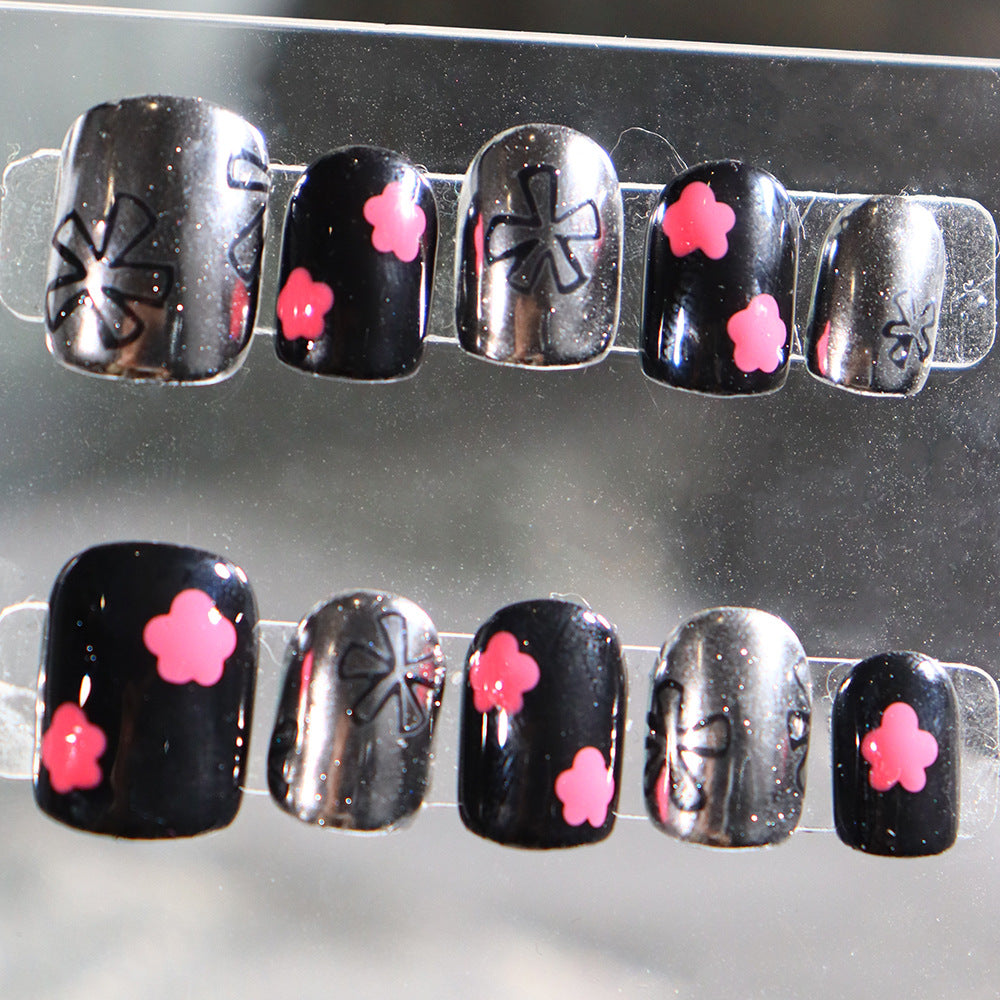 Wear Armor Sweet Sweet Cool Metallic Cute Simple Flower Black Silver Short Ballet Nail Stickers