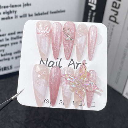 Handmade Wear Nail Three-Dimensional Ice Crystal Butterfly Clear Hand Painted Watercolor Blooming Cat Eye Long Pointed Finished Nail Beauty Patch