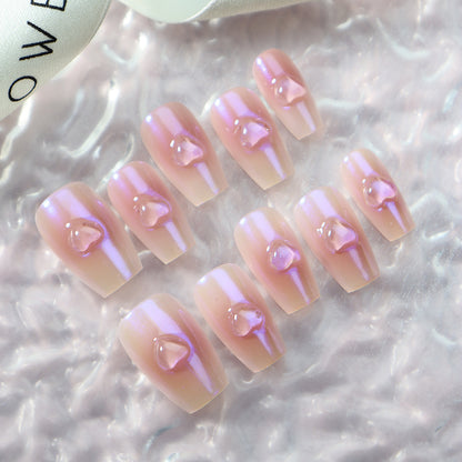 Sweet Hot Girl Gradient Love Handmade Wear Nail Ice Transparent Three-Dimensional Bridal Phototherapy Finished Manicure with Jelly Glue