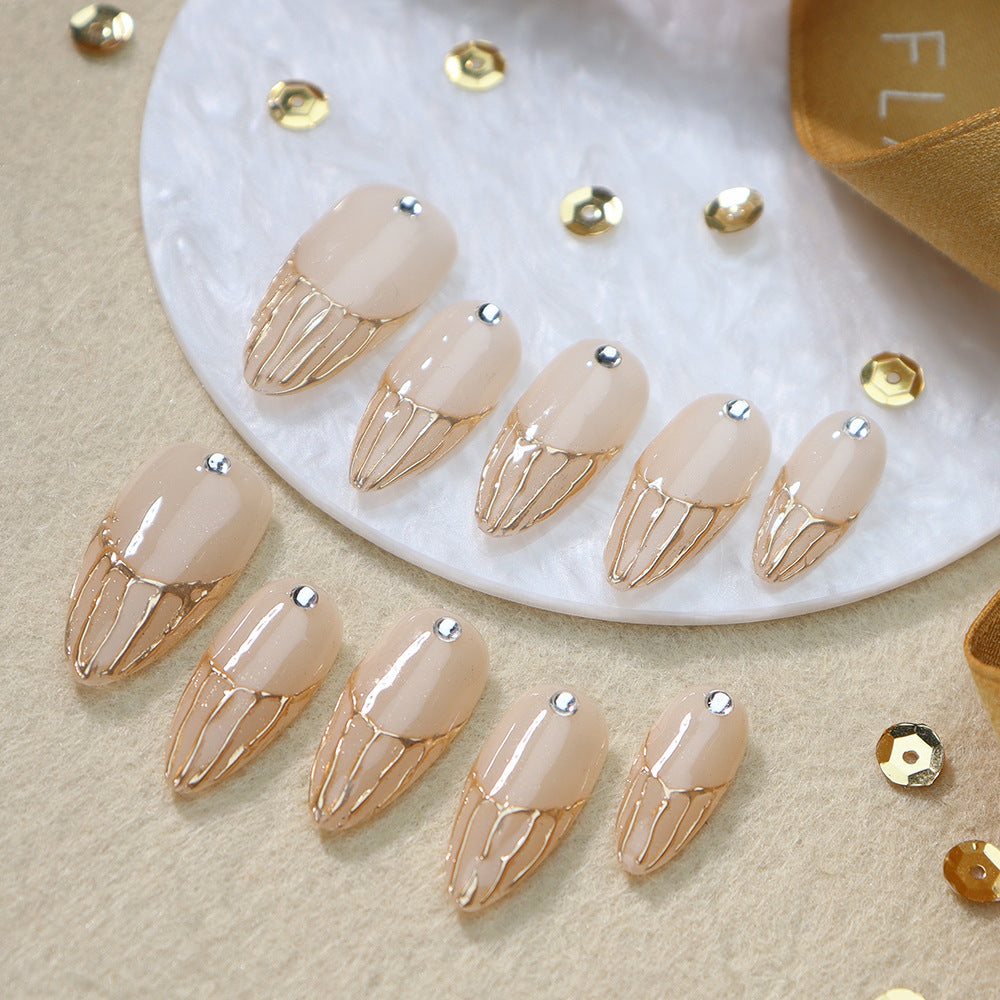 New Hot Sale Wear Nail Sticker French Small Diamond Gold Powder Grit Rendering Golden Lines Almond-Shaped Bride Nail Hands