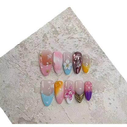 Cross-Border Hot Selling Popular Blooming Hand-Painted Three-Dimensional Carved White Elegant High-Grade Mid-Length Manicure