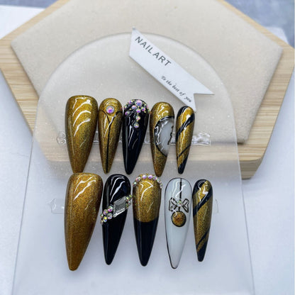 European and American Style Hot Selling Long Pointed Hand-Worn Nail Hand-Painted Clock Elegant White Hot Girl Manicure