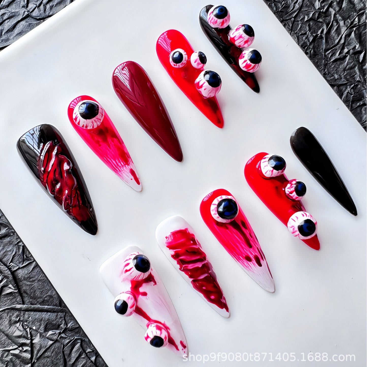 European and American-Style Mid-Length Handmade Wear Nail Halloween Long Pointed Almond Pure Hand Painted Beautiful White Temperament Wear