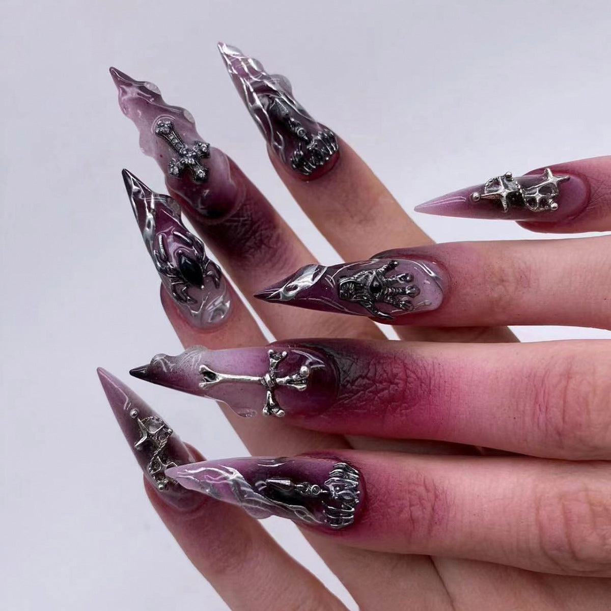 Halloween Cool Wear Nail French Flame Cross Manicure Purple Smudges Spider Nail Tip Finished Product Wholesale