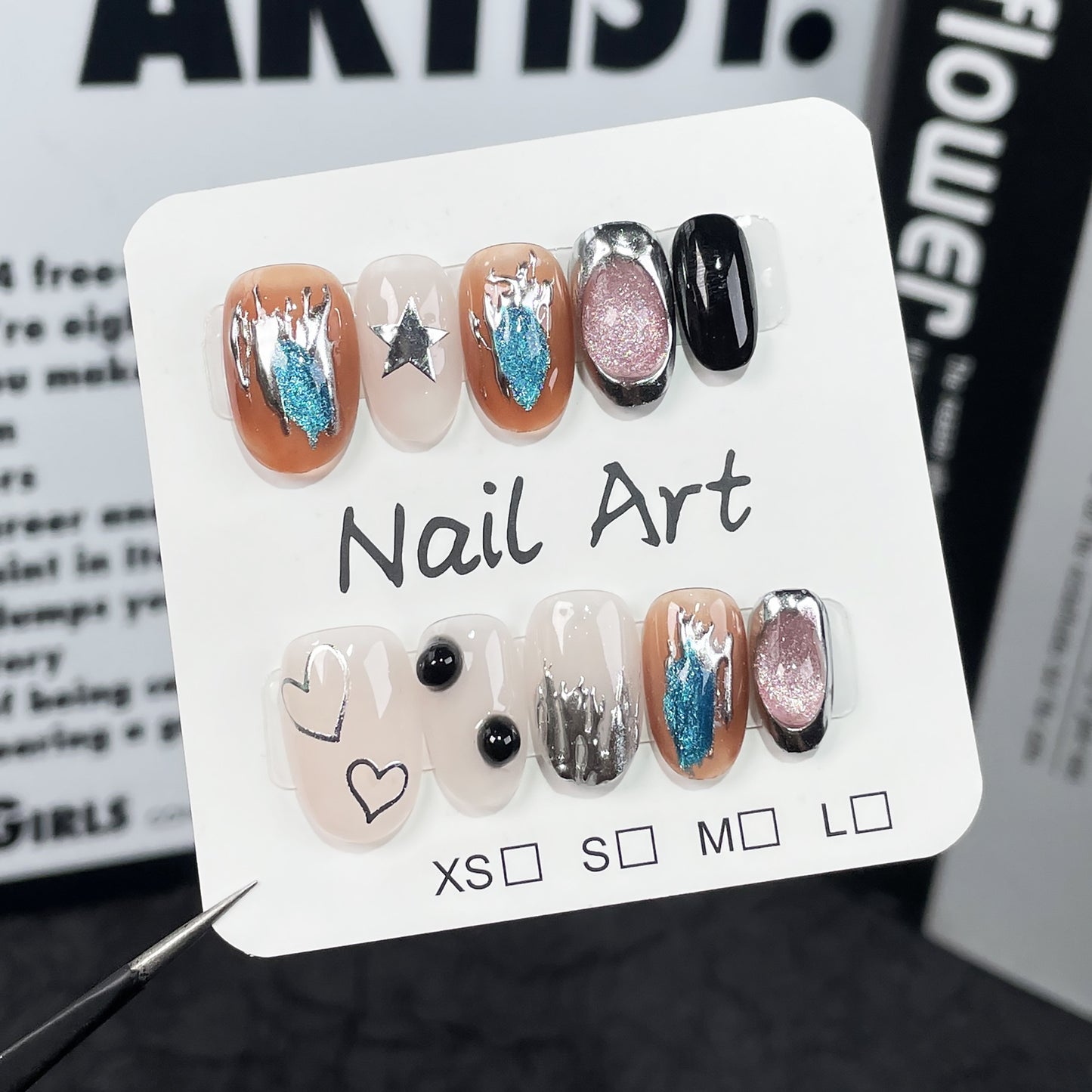 ins Short Style Nail Art Irregular Metal Shape Crystal Cat's Eye Hand-Painted Nail Fake Nails Wholesale