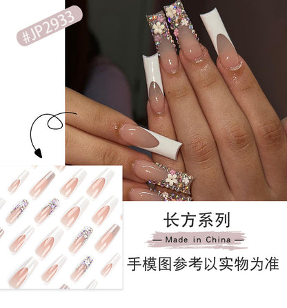 French Style White Edge New European and American Wear Nail Flower Colorful Crystals Super Long Manicure Fake Nails Nail Tip Finished Product Wholesale