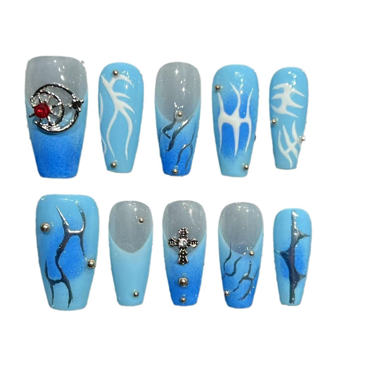 Blue Hand-Painted Flame Style European and American Short and Medium Style Cross-Border Factory Straight Hair Handmade Wear Armor Nail Stickers