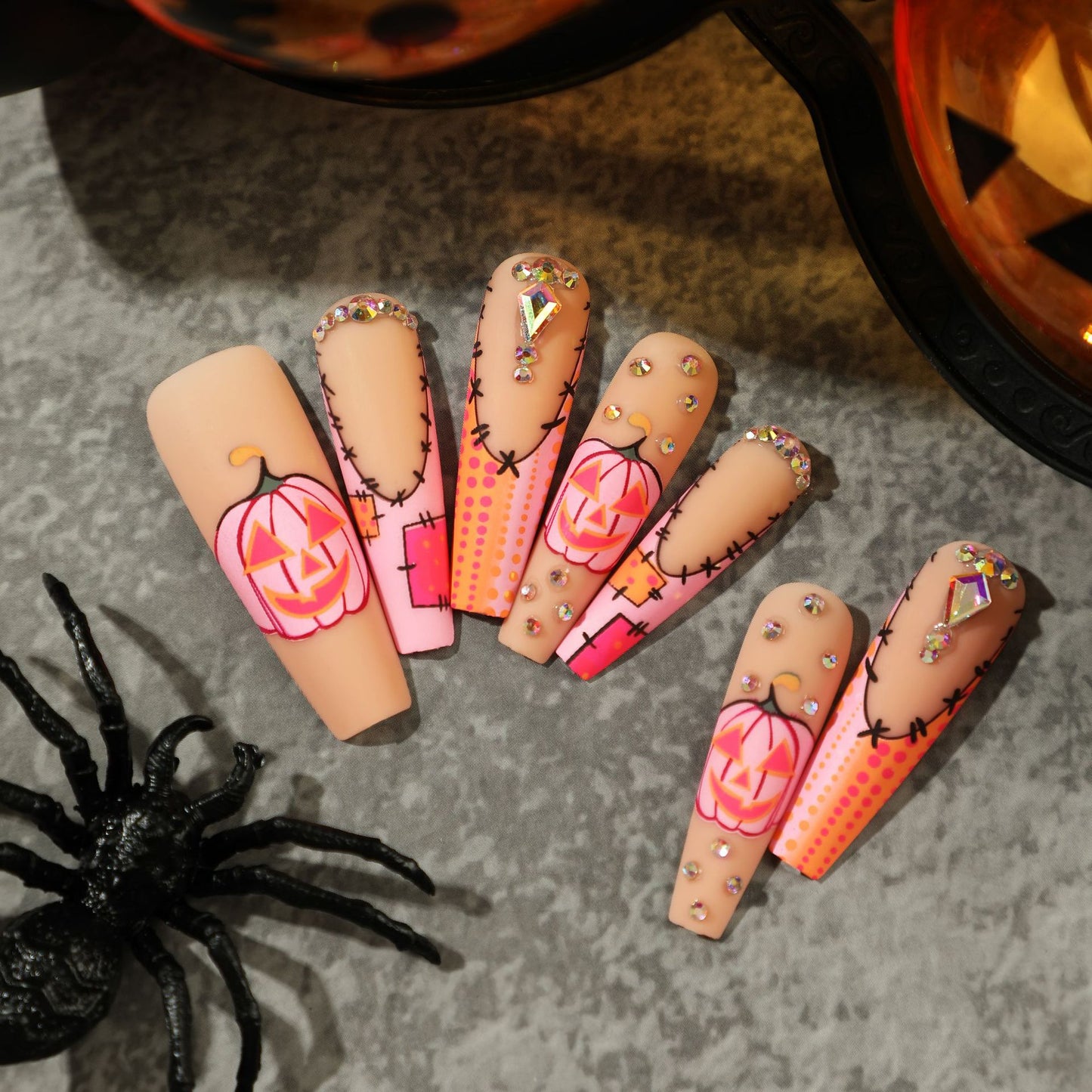 Wearing Nail Wholesale Halloween Frosted Nail Pink French Pumpkin Rhinestone Polka Dot Nail Sticker Finished Nail Beauty