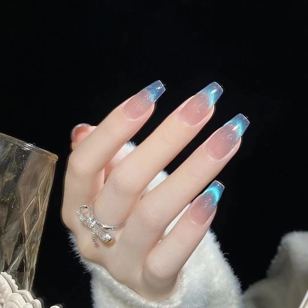 Blue Cat Eye Handmade UV Nail Beauty Wear Armor White Advanced Light Luxury Temperament Gentle Blue Gradient Detachable