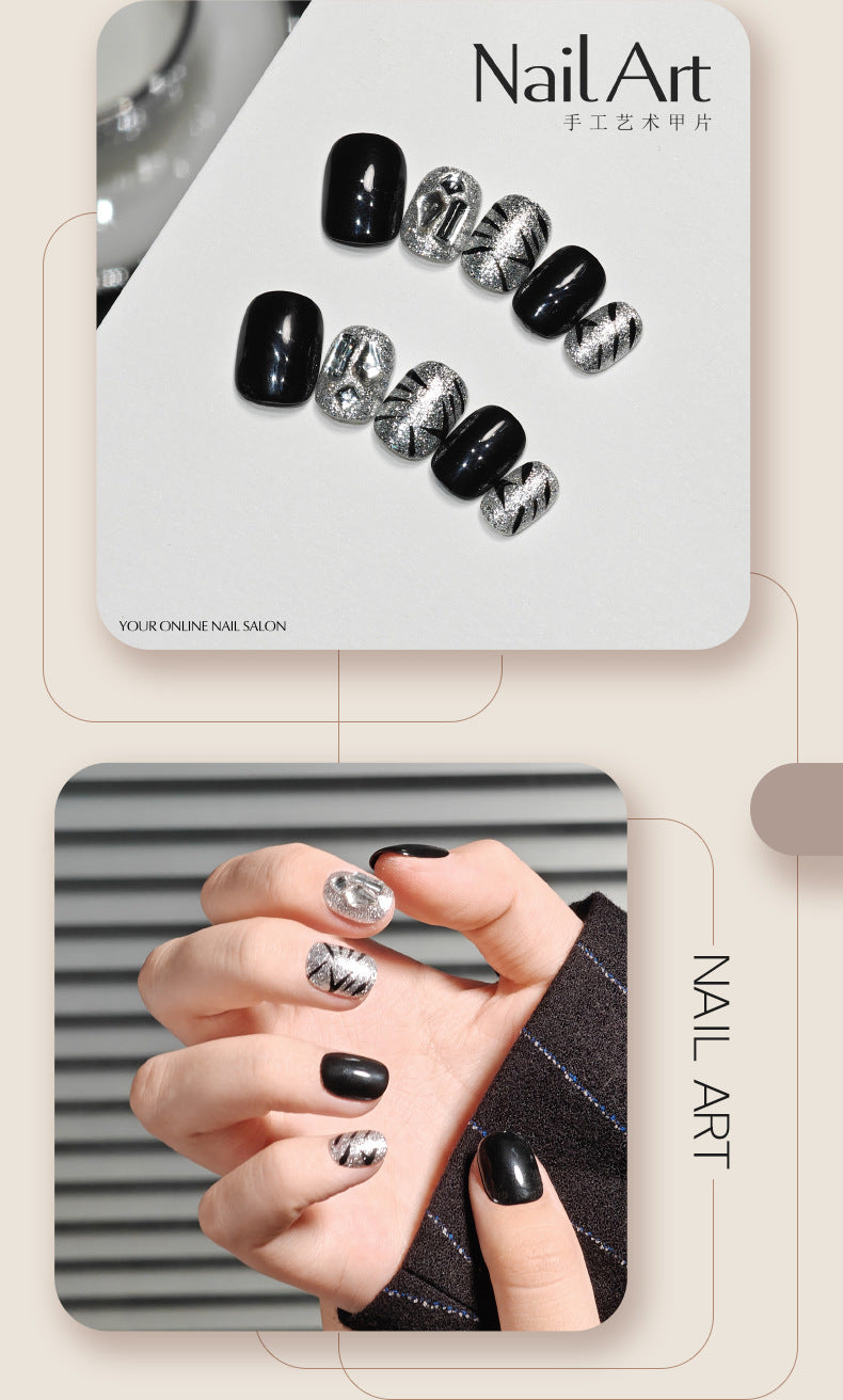 Handmade Wear Armor Summer Short Nail Tip Black Cat's Eye Hand-Made Wearable Nail Stickers Fake Nails Wholesale