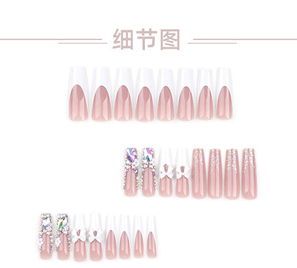 Rhinestone Flash Wear Nail Piece Wholesale Cross-Border French White Nail Bow Flower Rectangular Fake Nails