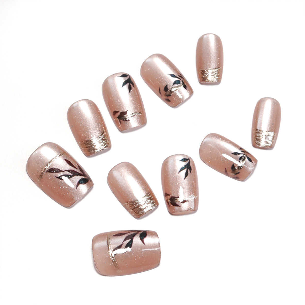 Nude Pink Cat Eye Wear Nail French Bronzing Nail Polish Cross-Border Hot Selling Leaves Nail Tip press on nails