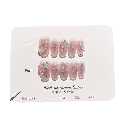 Hand-Worn Nail Blush Flash Sequins Three-Dimensional Camellia Short Nail Stickers Wearable Nail Sticker Wholesale