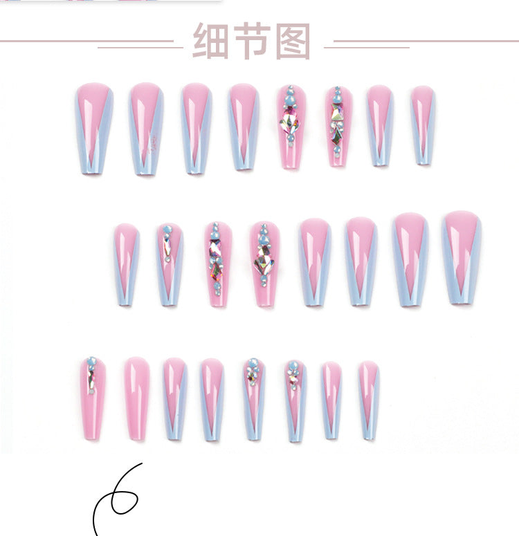 Hot Girl Wear Nail Nude Pink Long Ballet Blue Rhinestone Wear Nail Piece Nail Tips Wholesale false nail