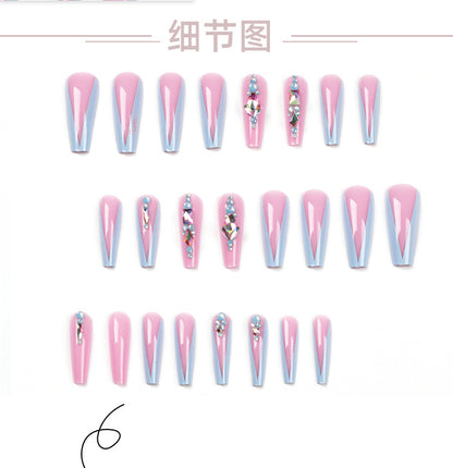 Hot Girl Wear Nail Nude Pink Long Ballet Blue Rhinestone Wear Nail Piece Nail Tips Wholesale false nail