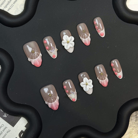 Original ins European and American Almond Hand-Worn Nail Pink French Carved Three-Dimensional Hand-Painted Detachable Nail Sticker