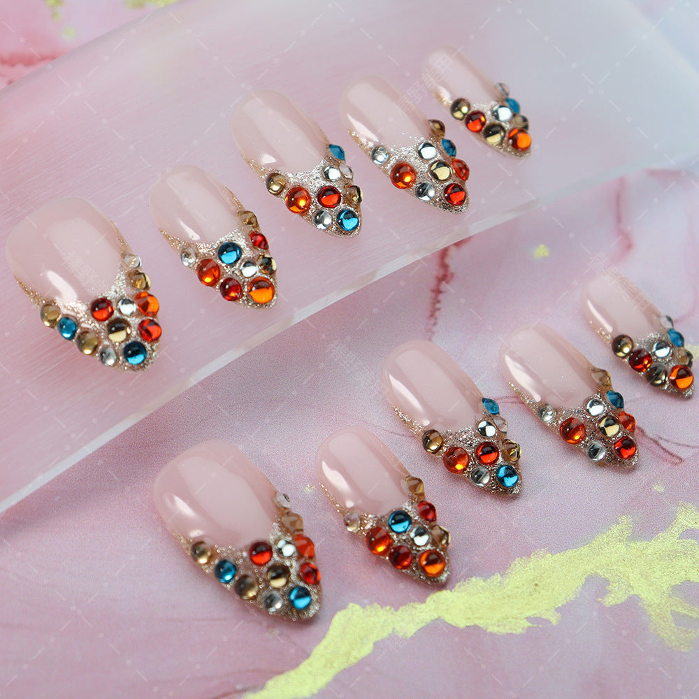 New Wear Armor Colorful Colorful Crystals Retro Style Plaid Driving to Cross-Border Supply Hand-Painted Fake Nail Stickers Can Be Wholesale