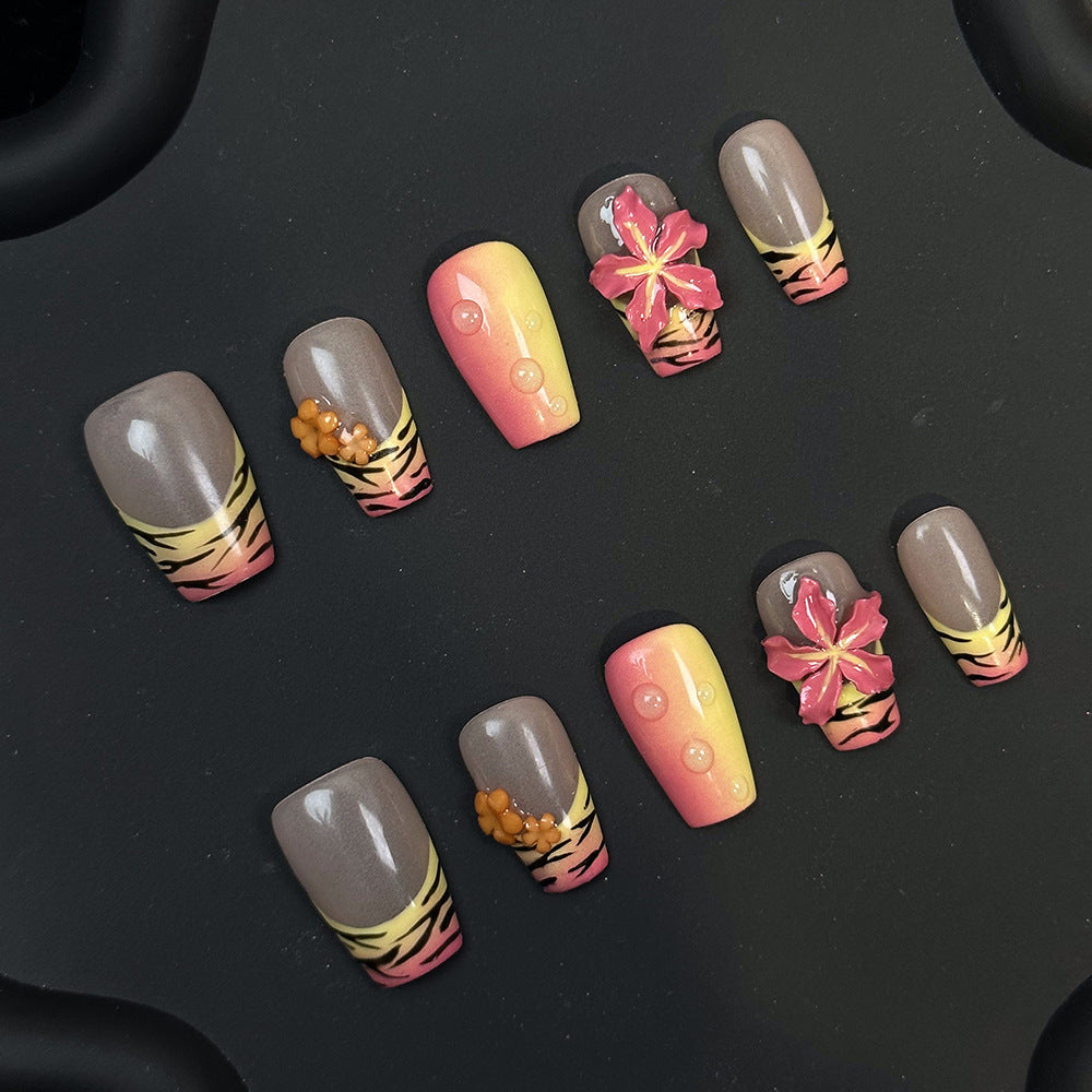 New Cross-Border Hand-Wear Armor Coffin Armor French Zebra Pattern Gradient Hand Pinch Three-Dimensional Lily Nail Tips