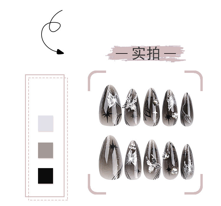 Ice Reflected with Silver Bow Wear Nail Black Cool Spicy Asterism Rhinestone Nail Beauty Long Almond Nail Fake Nails Nail Tip