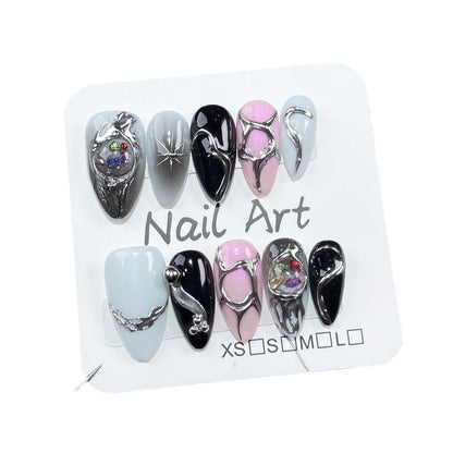 Sweet Cool ins Style Hand-Painted Nail Metal Hand-Painted Irregular Shape European and American Almond Nail Wearable Nail Sticker